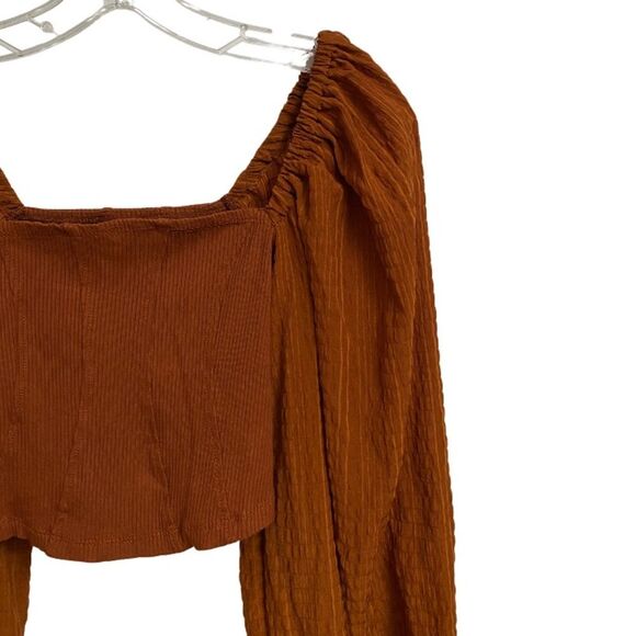 Urban Outfitters Claudia Cropped Top Blouse Size M Balloon Sleeves Rust Orange - Picture 7 of 15